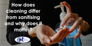 blog about how cleaning differs from sanitising showing a woman sanitising her hands