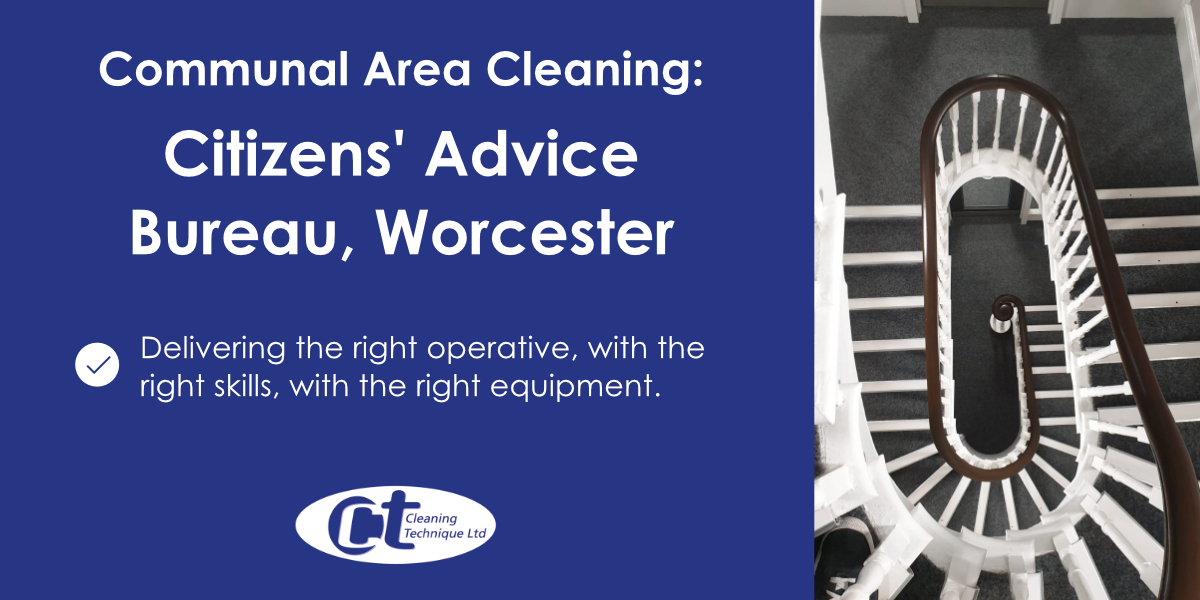 case study about communal area cleaning for citizens advice, showing an area image of a spiral staircase