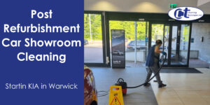 featured image of case study about car showroom cleaning showing a cleaner mopping the floor in a showroom.
