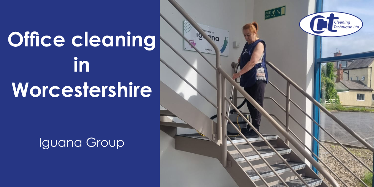 featured image of case study about office cleaning in worcestershire showing cleaner on stairs.